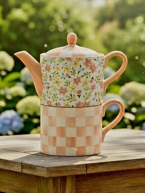 NEW McKenzie Childs Posie Patch Ceramic Tea For Me Set Stacked Floral Teapot Mug